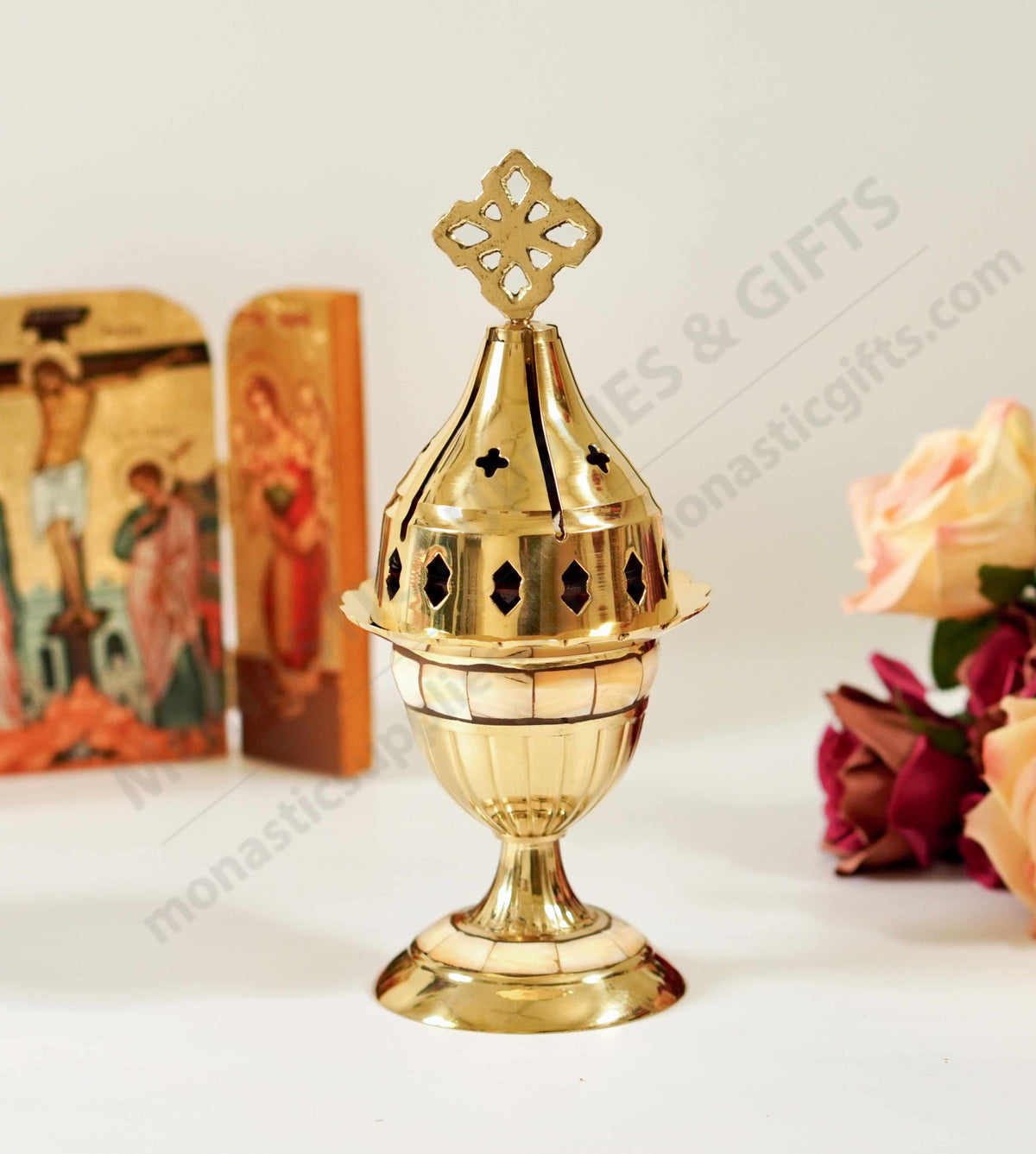 Solid brass standing vigil lamp with mother of pearl shell inlay cross lid and red heat resistant glass cup