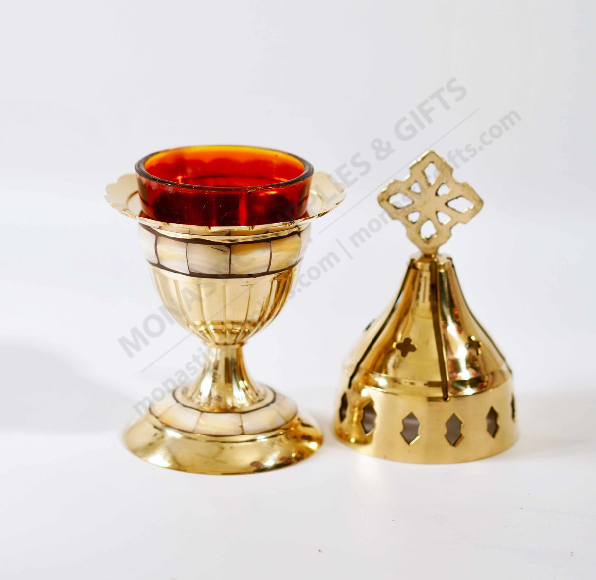 Solid brass standing vigil lamp with mother of pearl shell inlay cross lid and red heat resistant glass cup
