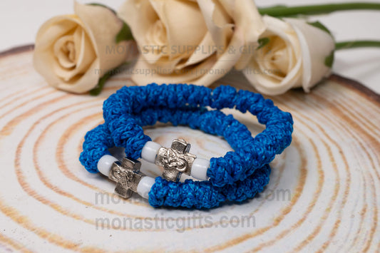 Handcrafted elastic blue Orthodox prayer rope komboskini bracelet 1pc with 33 knots white beads and Mount Athos Virgin Mary cross flexible 15-19cm (5.9-7.48in).