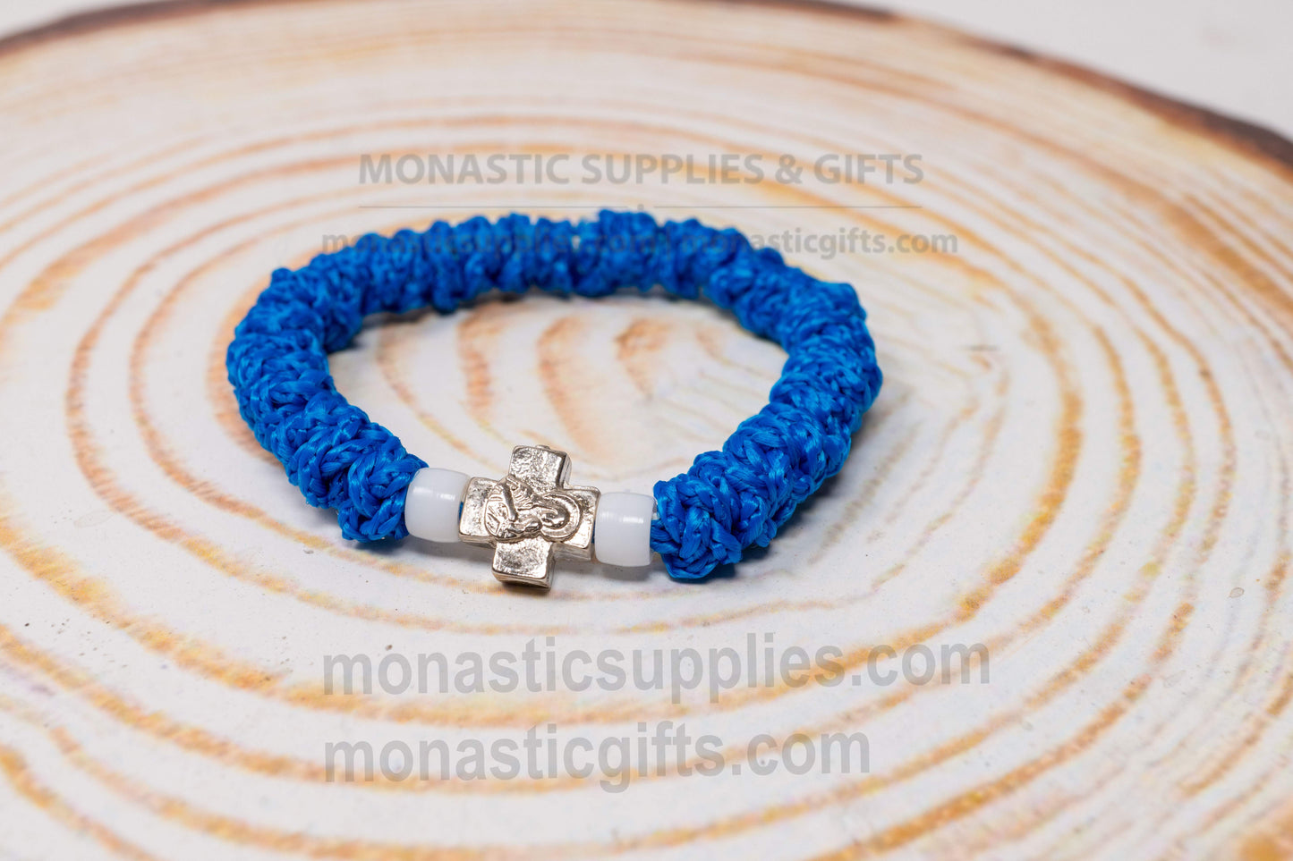Handcrafted elastic blue Orthodox prayer rope komboskini bracelet 1pc with 33 knots white beads and Mount Athos Virgin Mary cross flexible 15-19cm (5.9-7.48in).
