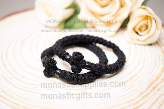 Traditional thick black wool Orthodox prayer rope komboskini bracelet with black beads adjustable from 16-20cm (6.3-7.87in).