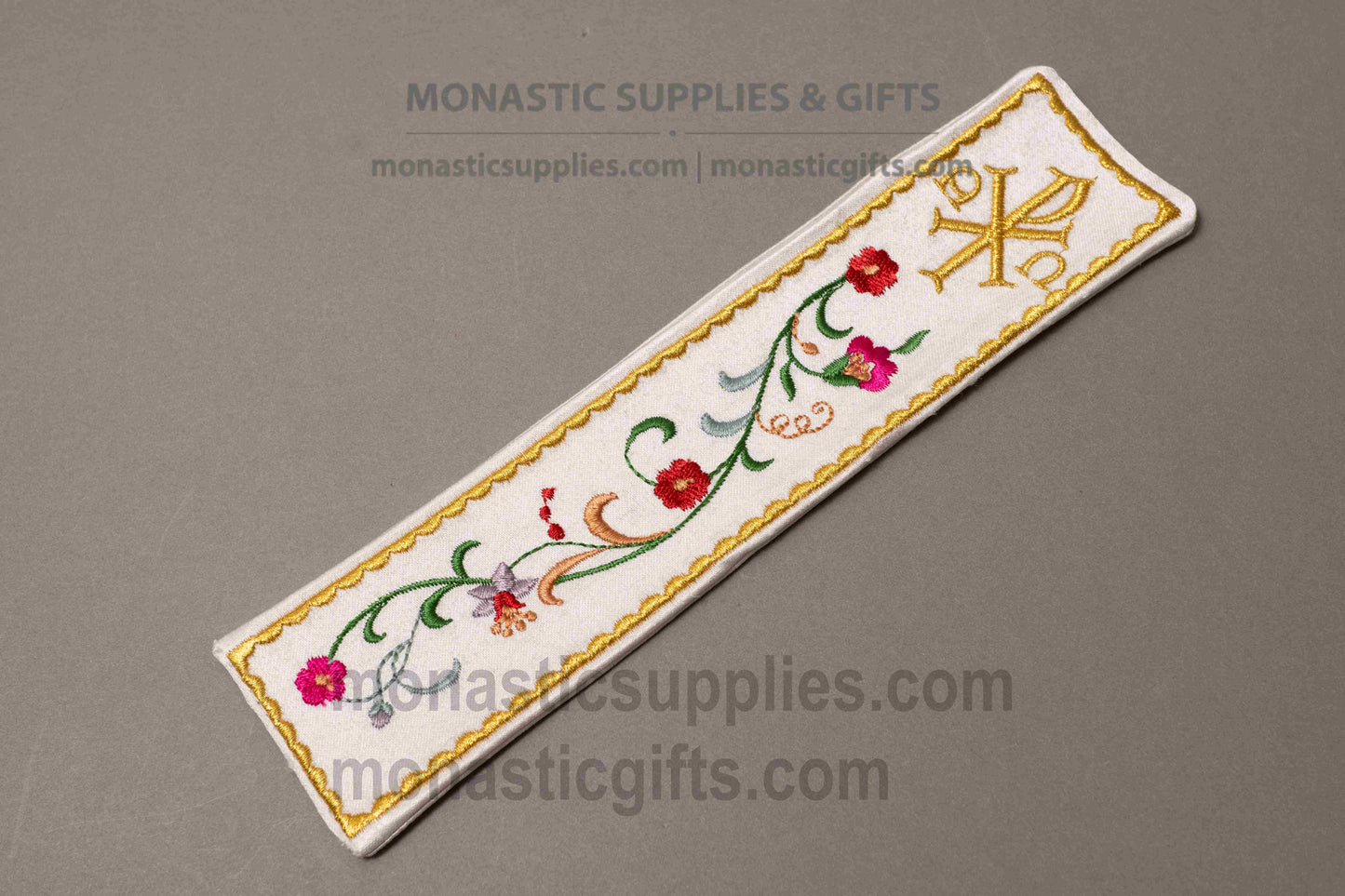 Handcrafted gold embroidered fabric bookmark with Christogram and floral vine design 22x5 cm (8.66x1.97 in) made in Greece (1 piece)