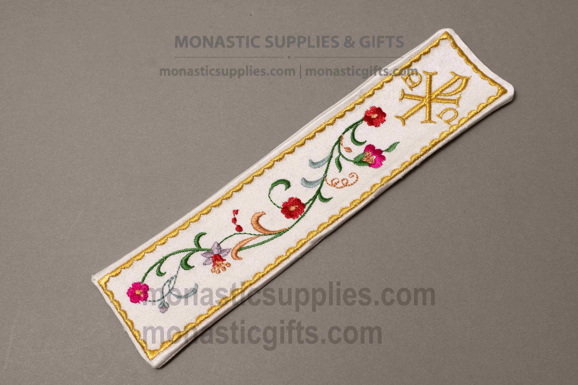 Handcrafted gold embroidered fabric bookmark with Christogram and floral vine design 22x5 cm (8.66x1.97 in) made in Greece (1 piece)