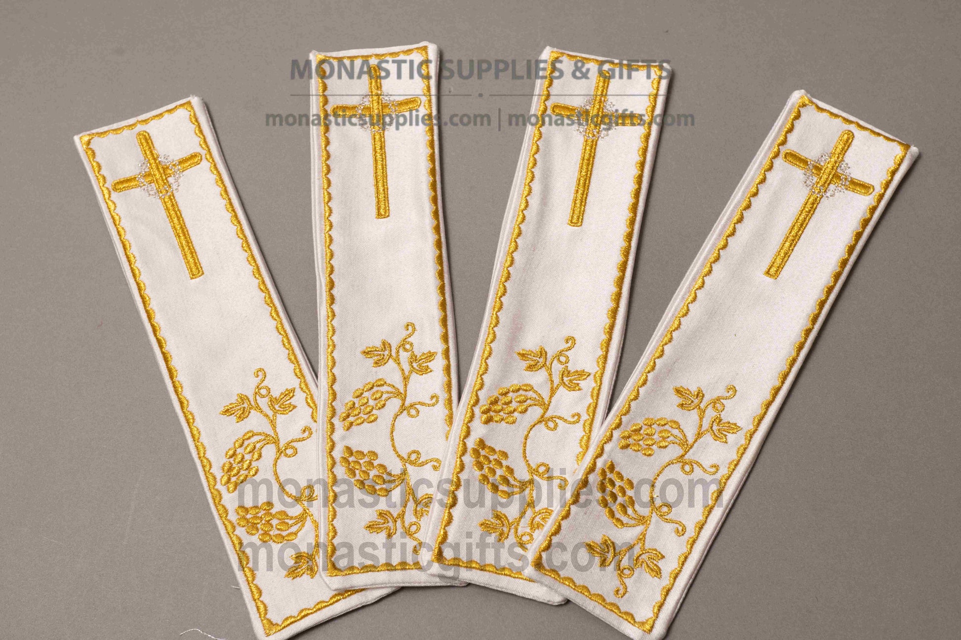 Handcrafted gold embroidered white fabric bookmark with Christian cross and grapevine motif 22x5 cm (8.66x1.97 in) made in Greece (1 piece)