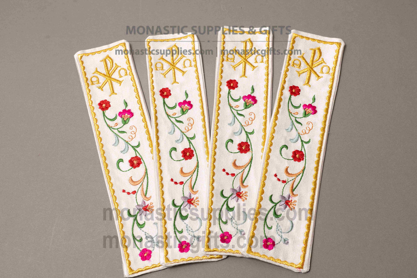 Handcrafted gold embroidered fabric bookmark with Christogram and floral vine design 22x5 cm (8.66x1.97 in) made in Greece (1 piece)