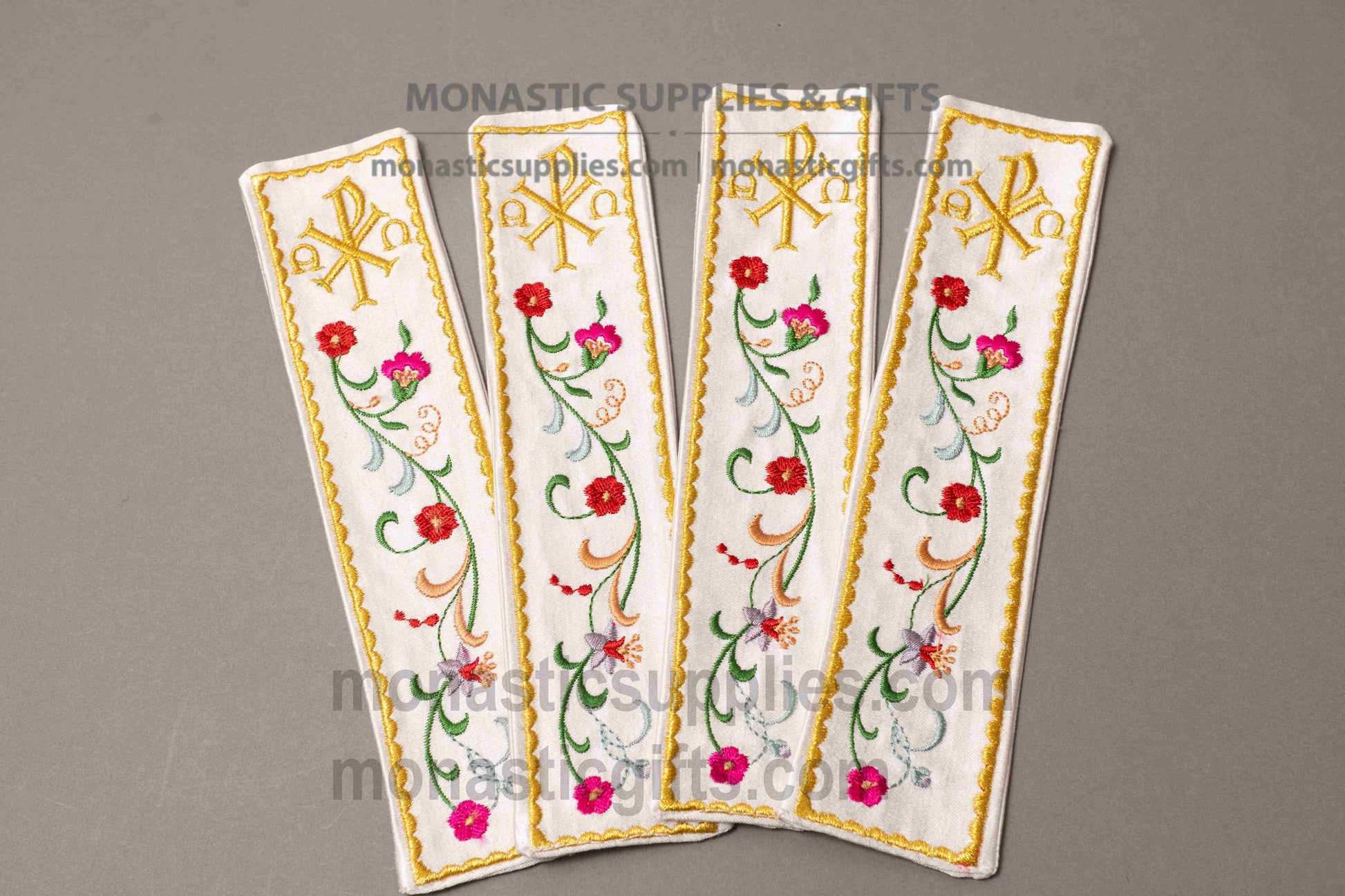 Handcrafted gold embroidered fabric bookmark with Christogram and floral vine design 22x5 cm (8.66x1.97 in) made in Greece (1 piece)