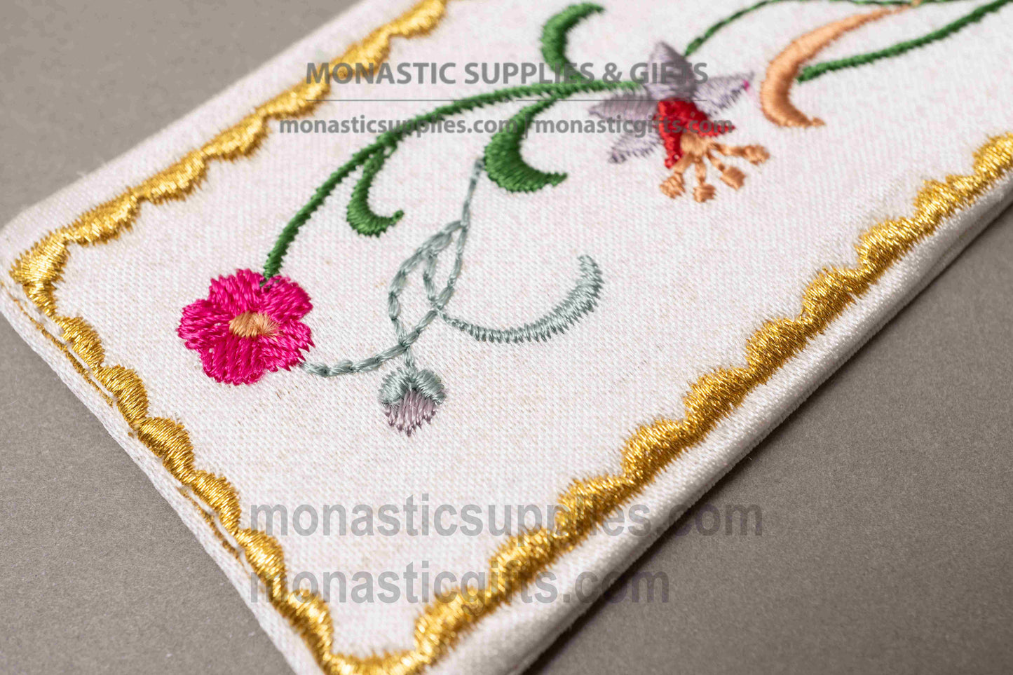 Gold Embroidered Fabric Liturgical Bookmark with Christogram & Floral Design 22x5 cm (8.66x1.97 in)  1 Piece