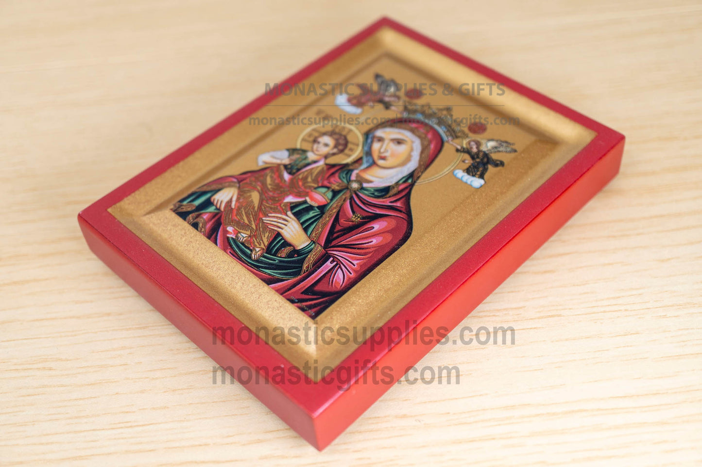 Virgin Mary of the Roses Arched Wooden Icon Wall Hanging or Tabletop Base Silk Canvas