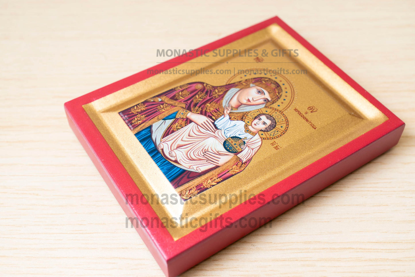 Virgin Mary of Jerusalem Arched Wooden Icon Wall Hanging or Tabletop Base Silk Canvas