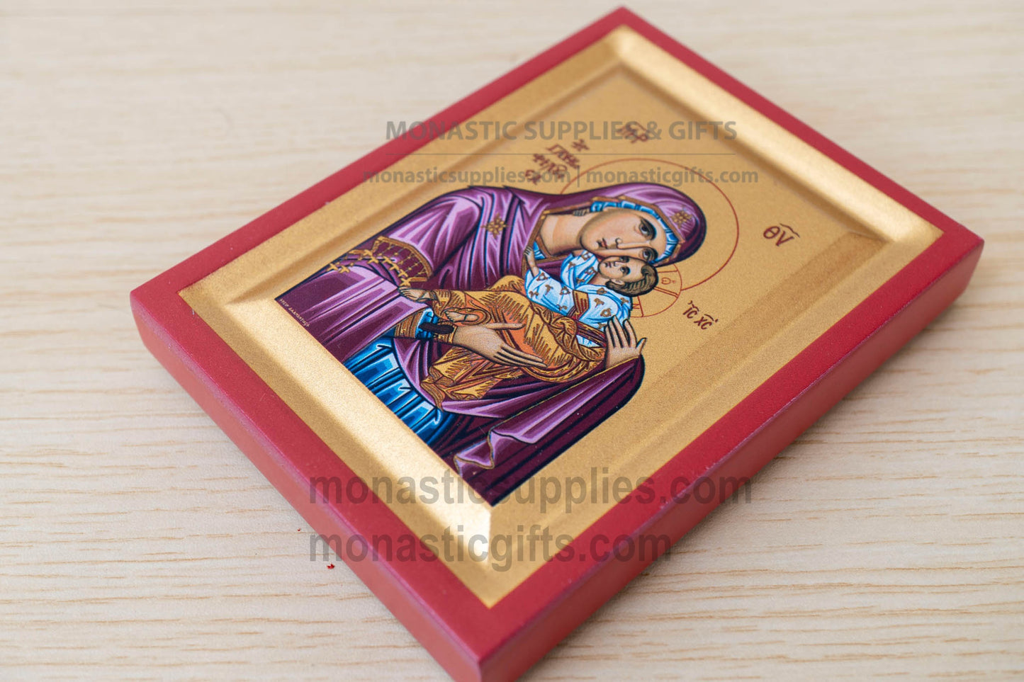 Virgin Mary Sweet Kiss Arched Wooden Icon Wall Hanging or Tabletop Base Silk Canvas
