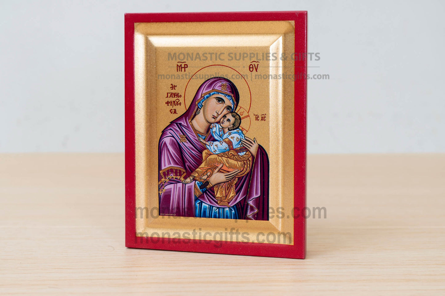 Virgin Mary Sweet Kiss Glykophilousa arched wooden icon on silk canvas, 10x12 cm (3.9" x 4.7" inches), tabletop and wall hanging display.