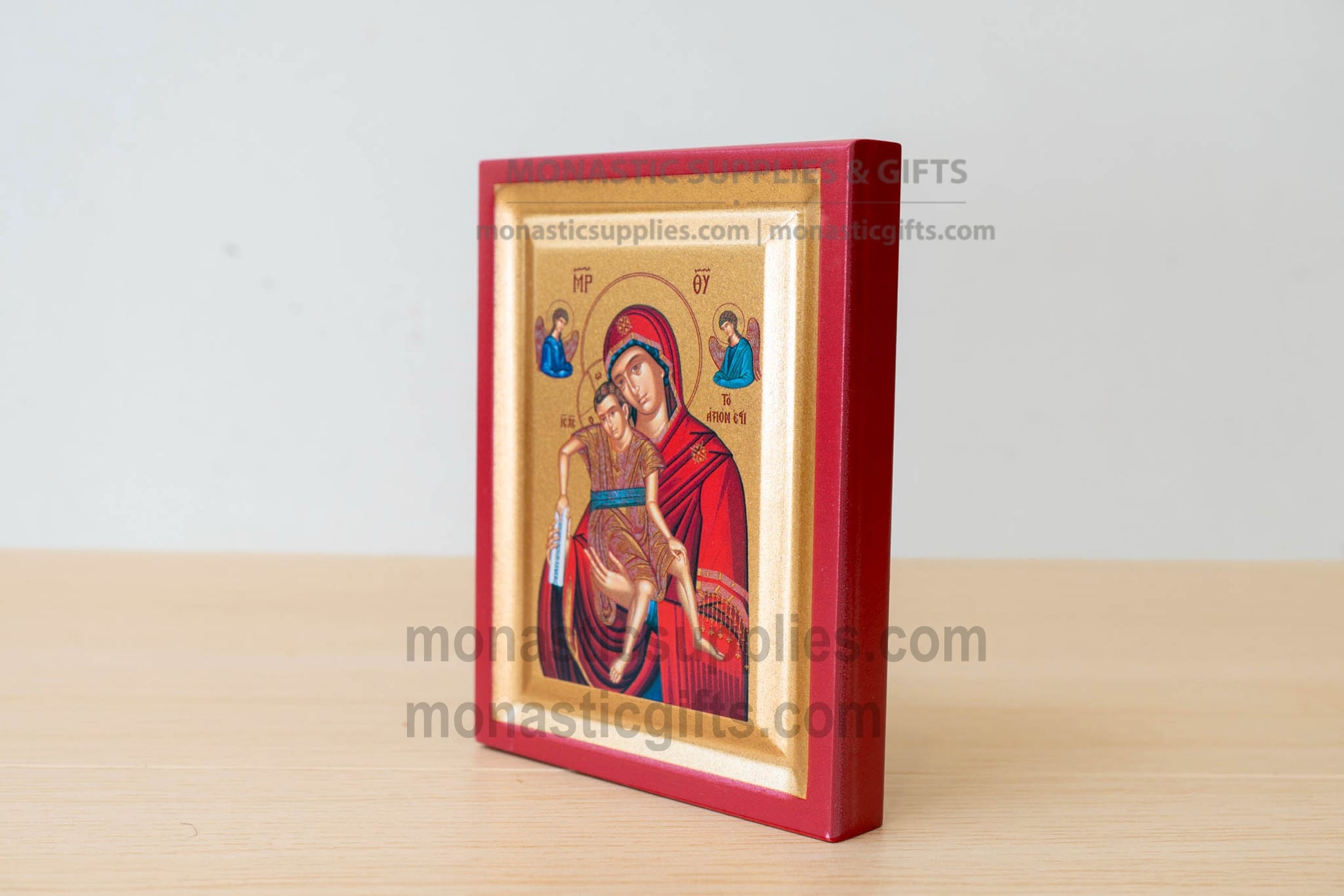Virgin Mary Axion Esti arched wooden icon on gilded silk canvas, 10x12 cm (3.9" x 4.7" inches), tabletop and wall hanging display.