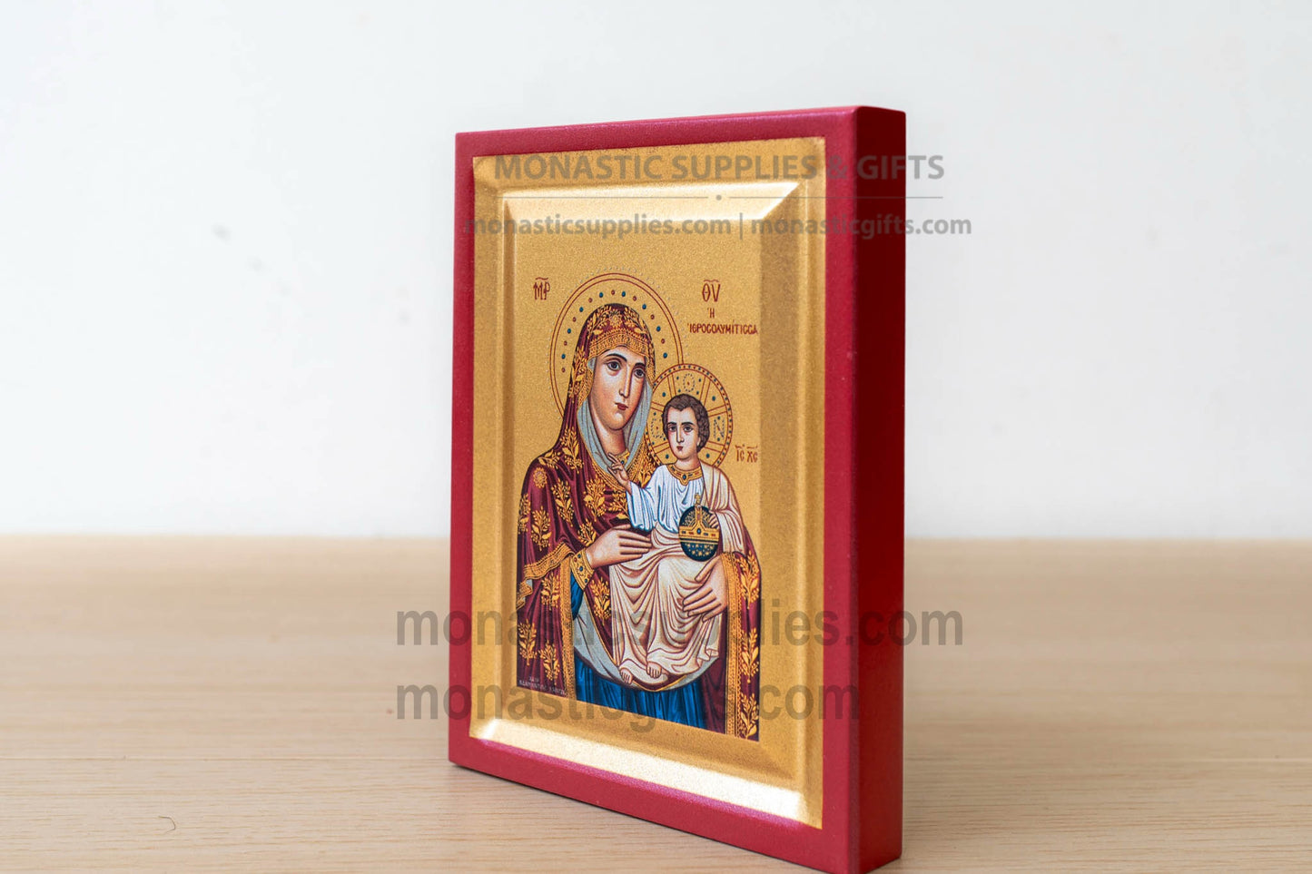 Virgin Mary of Jerusalem Arched Wooden Icon Wall Hanging or Tabletop Base Silk Canvas