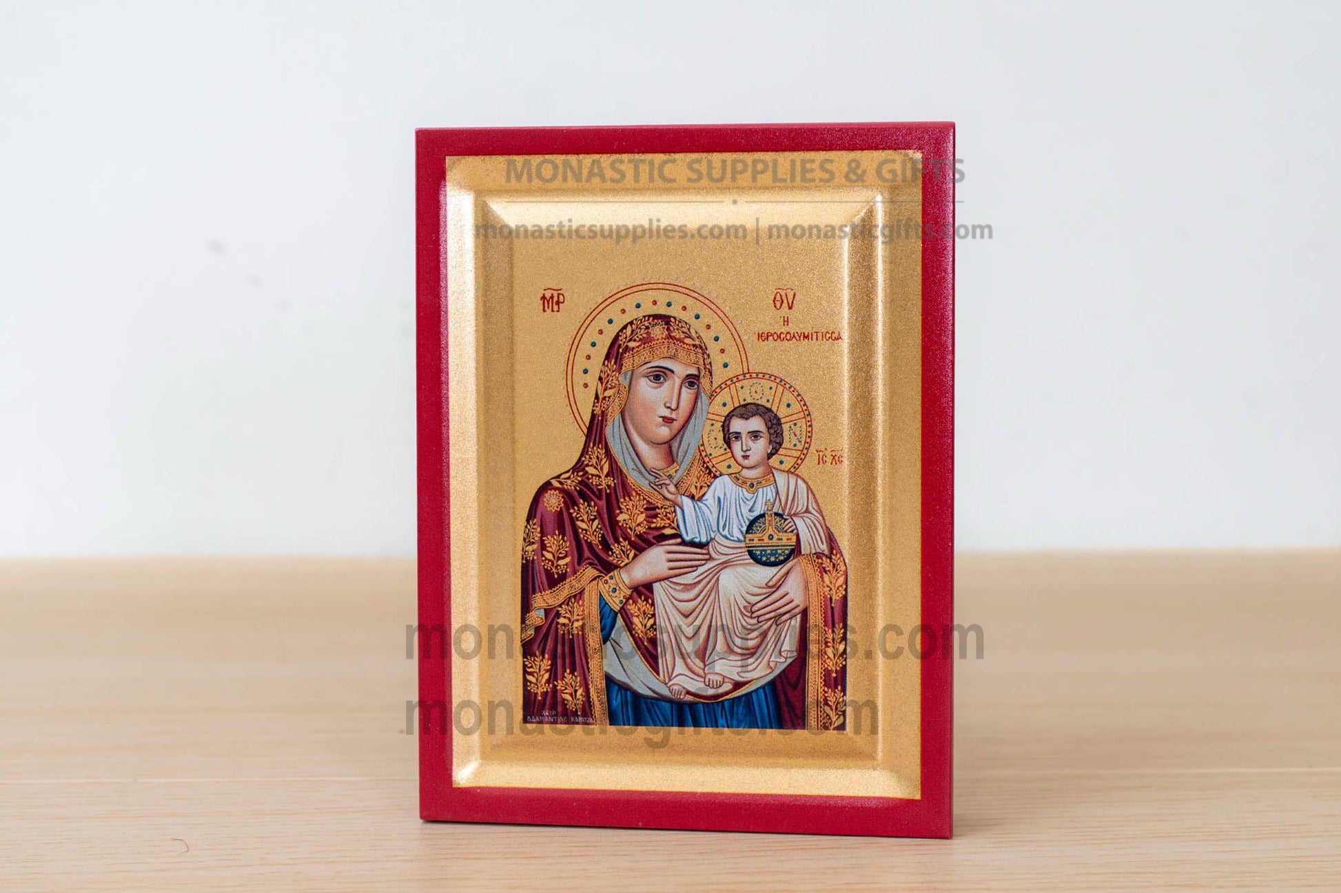 Virgin Mary of Jerusalem Panagia Ierosolymitissa arched wooden icon on gilded silk canvas, 10x12 cm (3.9" x 4.7" inches), tabletop and wall hanging display.