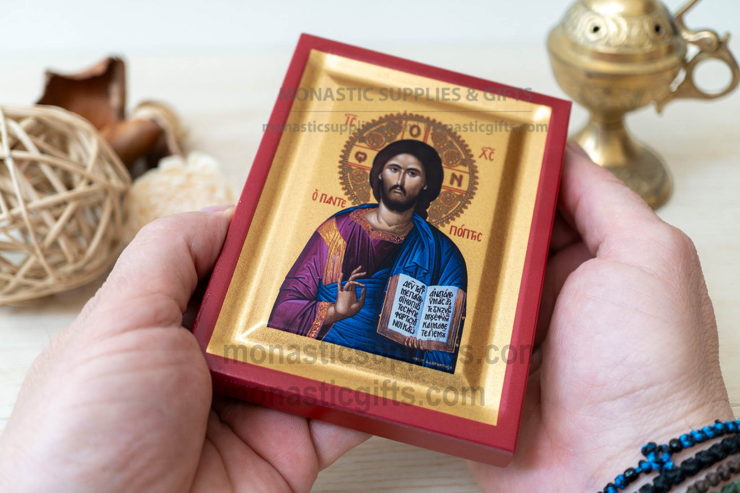 Christ Pantepoptis All-Seeing Christ arched wooden icon on silk canvas, 10x12 cm (3.9" x 4.7" inches), tabletop and wall hanging display.