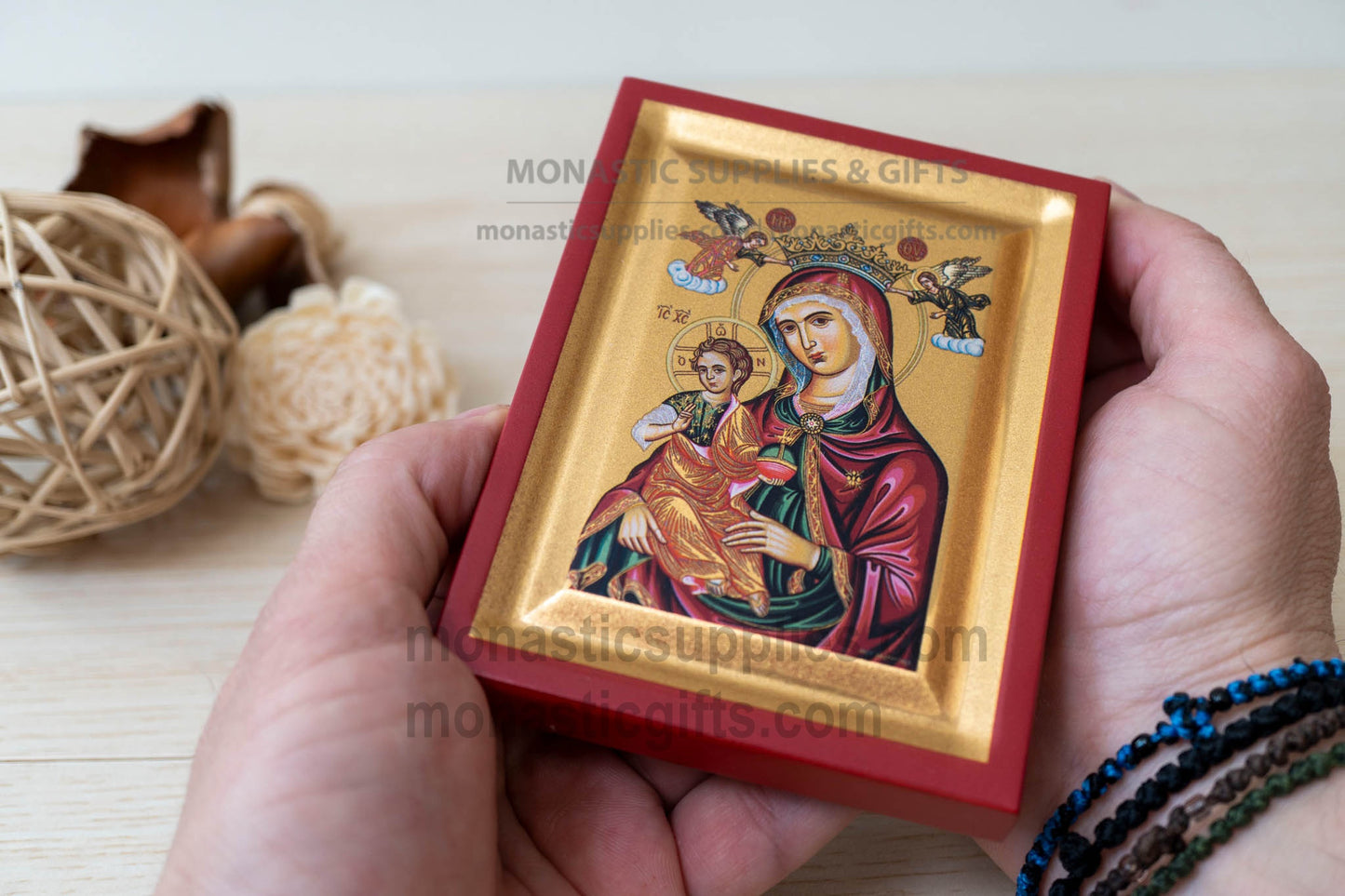 Virgin Mary of the Roses arched wooden icon on silk canvas, 10x12 cm (3.9" x 4.7" inches), tabletop and wall hanging display.