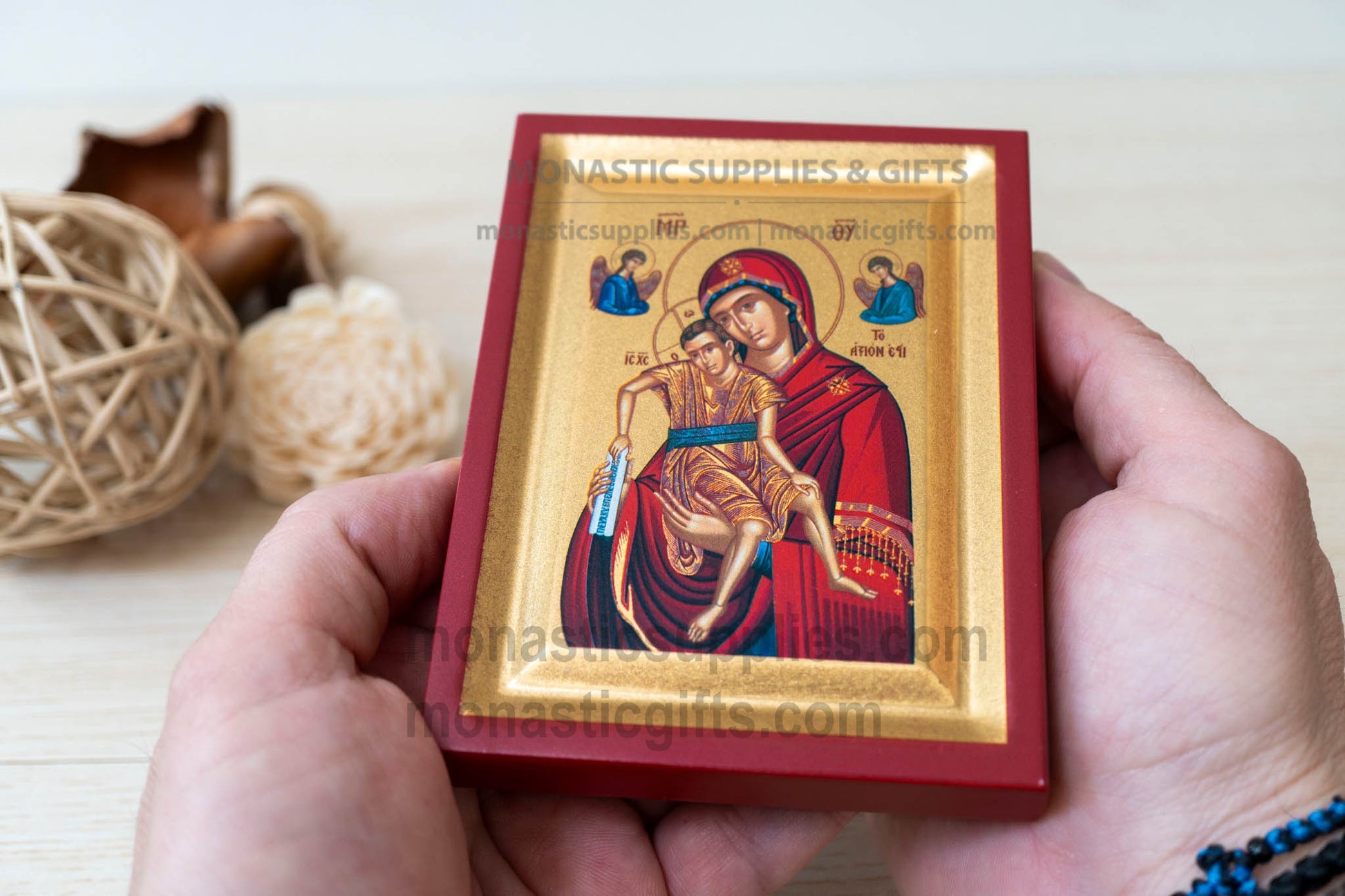 Virgin Mary Axion Esti arched wooden icon on gilded silk canvas, 10x12 cm (3.9" x 4.7" inches), tabletop and wall hanging display.