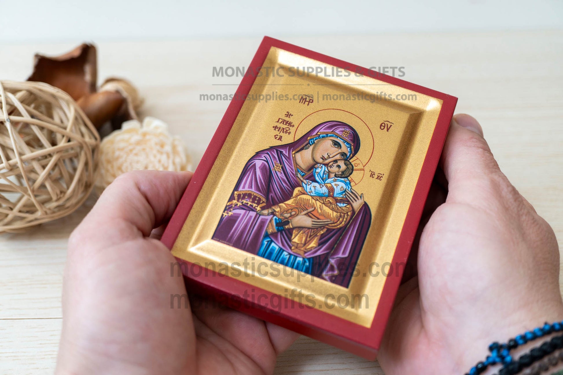 Virgin Mary Sweet Kiss Glykophilousa arched wooden icon on silk canvas, 10x12 cm (3.9" x 4.7" inches), tabletop and wall hanging display.