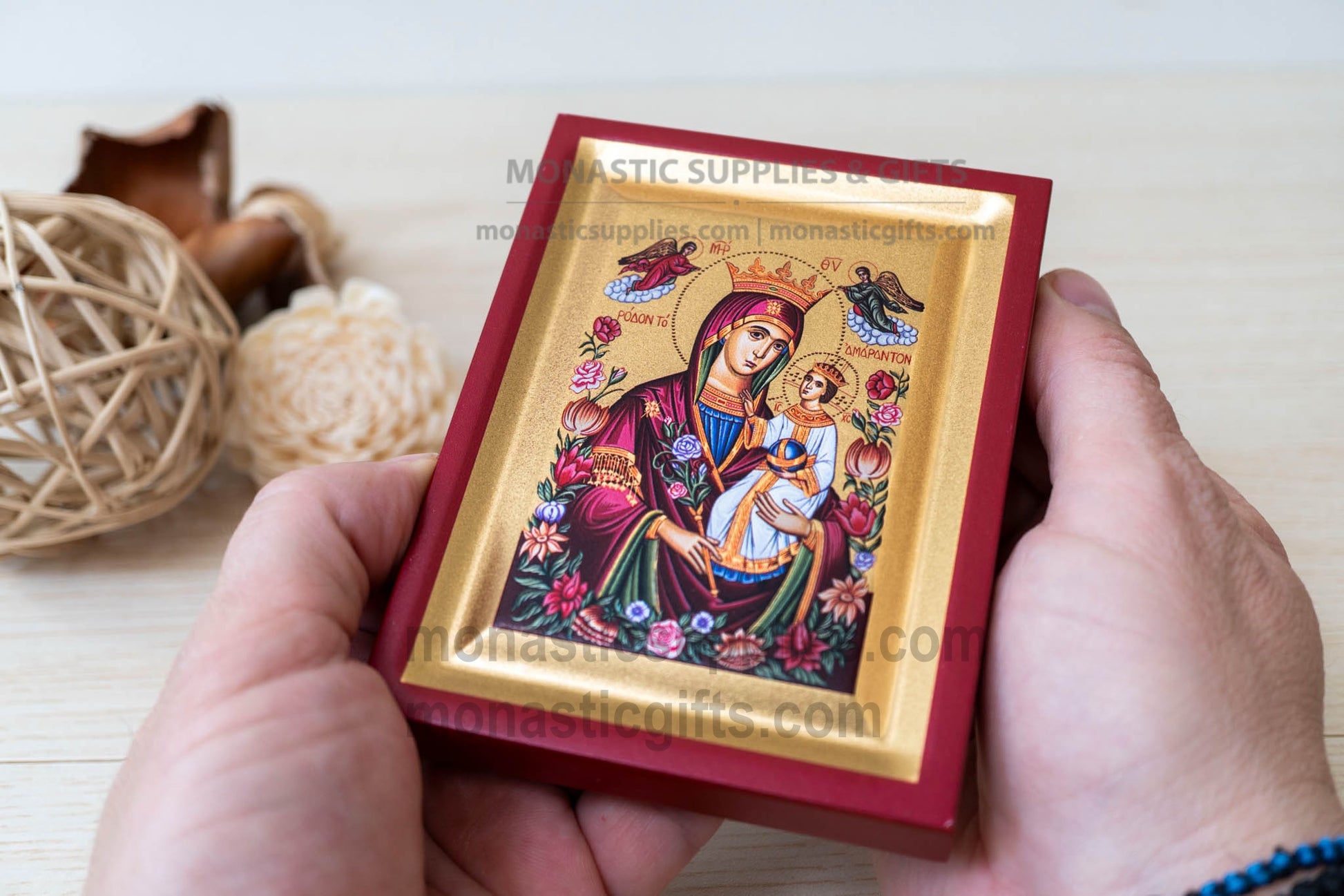 Virgin Mary of the Roses arched wooden icon on silk canvas, 10x12 cm (3.9" x 4.7" inches), tabletop and wall hanging display.