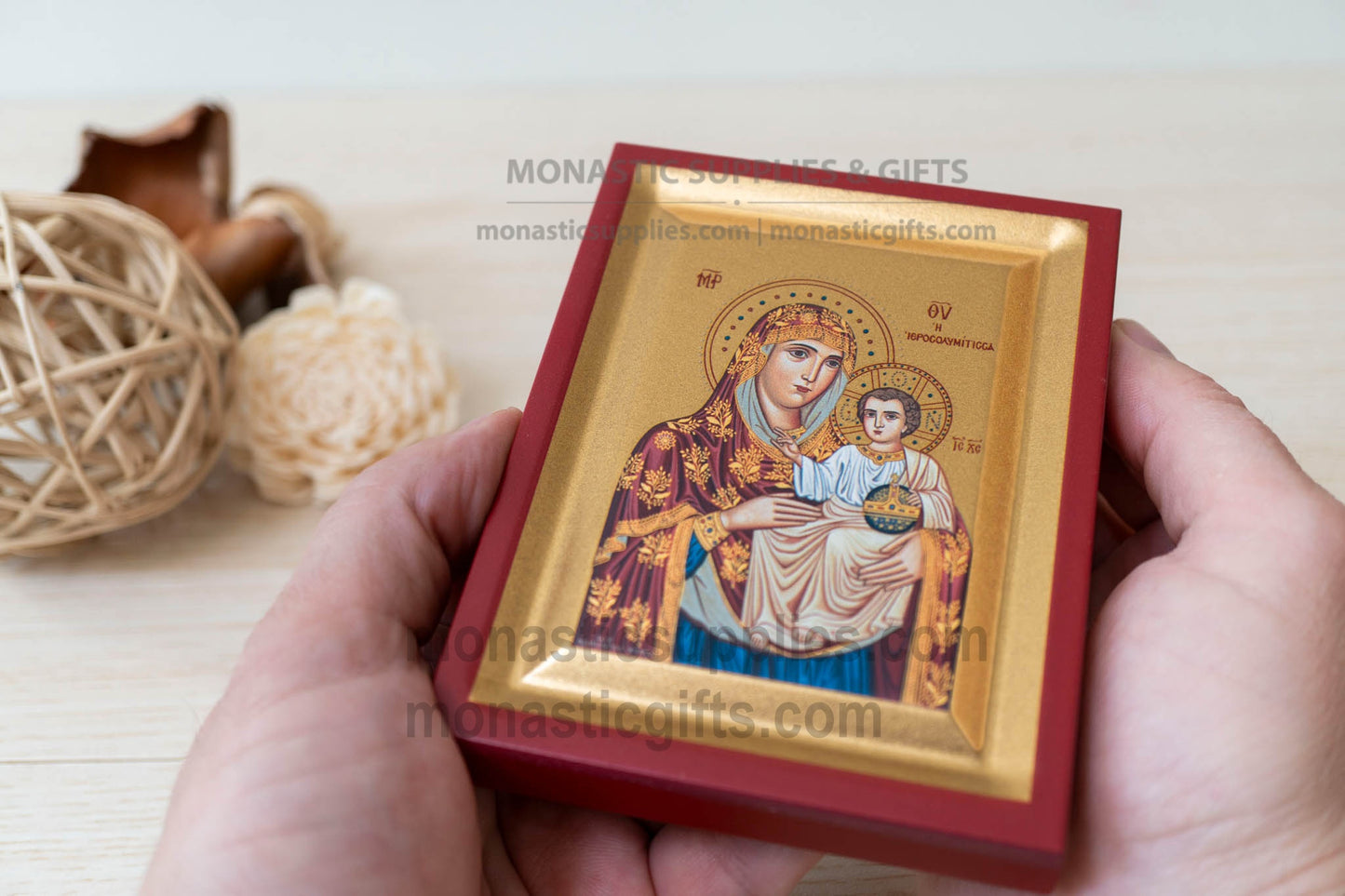 Virgin Mary of Jerusalem Panagia Ierosolymitissa arched wooden icon on gilded silk canvas, 10x12 cm (3.9" x 4.7" inches), tabletop and wall hanging display.