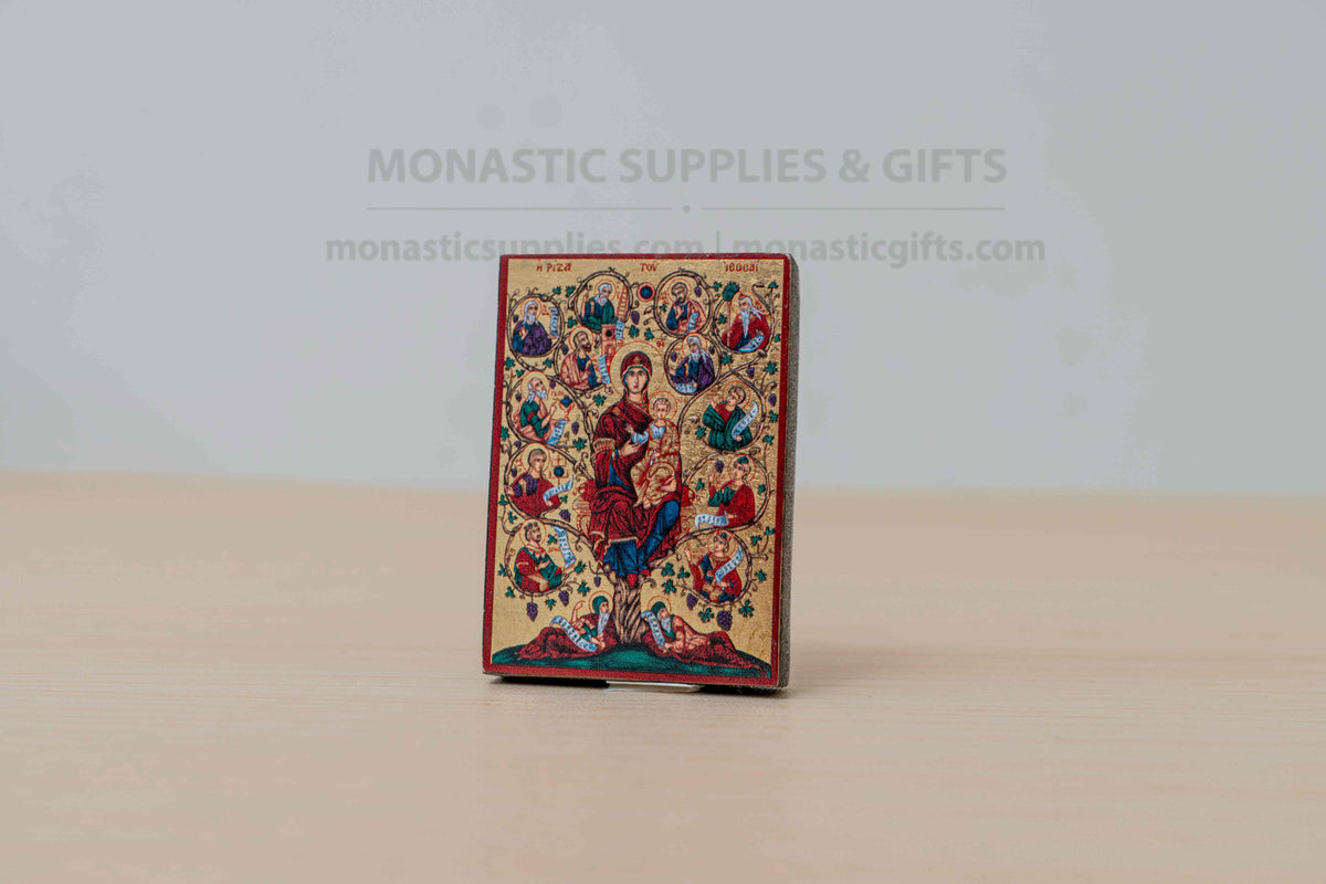 Virgin Mary Root of Jesse Byzantine Wooden Pocket Icon - Gold Foil Finish - Miniature Icon Corner Keepsake 4.2x5 cm (1.65x1.96 in) - 1 Piece