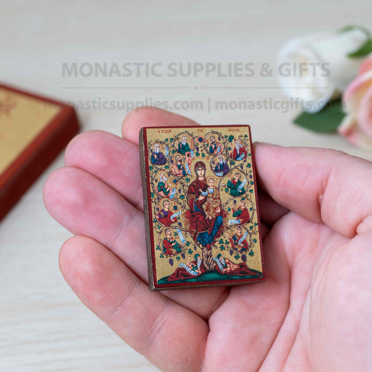 Virgin Mary Root of Jesse miniature handcrafted Byzantine wooden pocket icon and compact altar keepsake 4.2 x 5 cm 1.65 x 1.96 in made in Greece