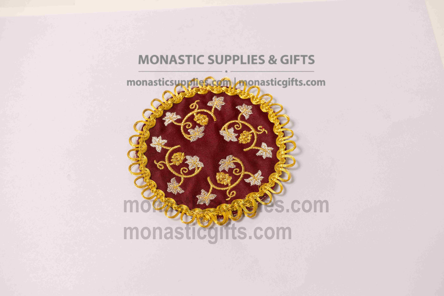 Handcrafted round burgundy brocade fabric coasters with gold floral embroidery and looped fringe 11 cm (4.33 in) set of 4 made in Greece
