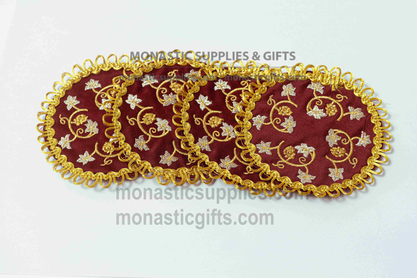 Handcrafted round burgundy brocade fabric coasters with gold floral embroidery and looped fringe 11 cm (4.33 in) set of 4 made in Greece