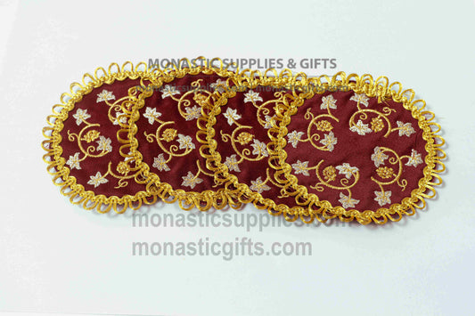 Handcrafted round burgundy brocade fabric coasters with gold floral embroidery and looped fringe 11 cm (4.33 in) set of 4 made in Greece