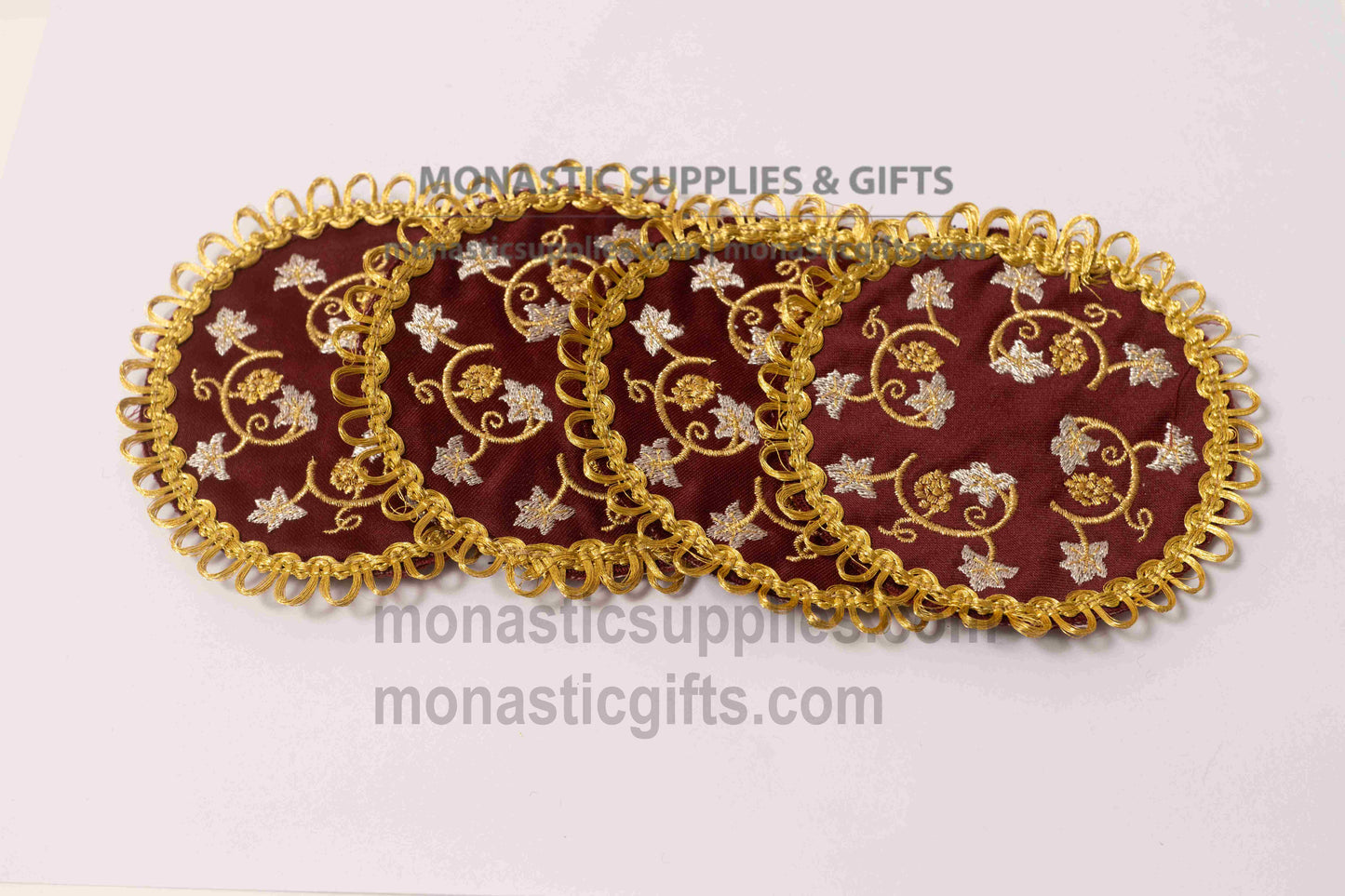 Handcrafted round burgundy brocade fabric coasters with gold floral embroidery and looped fringe 11 cm (4.33 in) set of 4 made in Greece