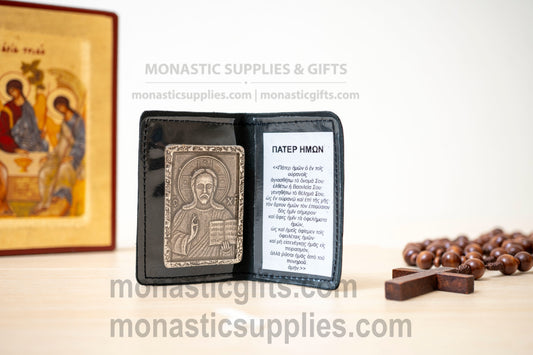 Handcrafted Leather Pocket Diptych – Christ Pantocrator & The Lord's Prayer (Greek Text)