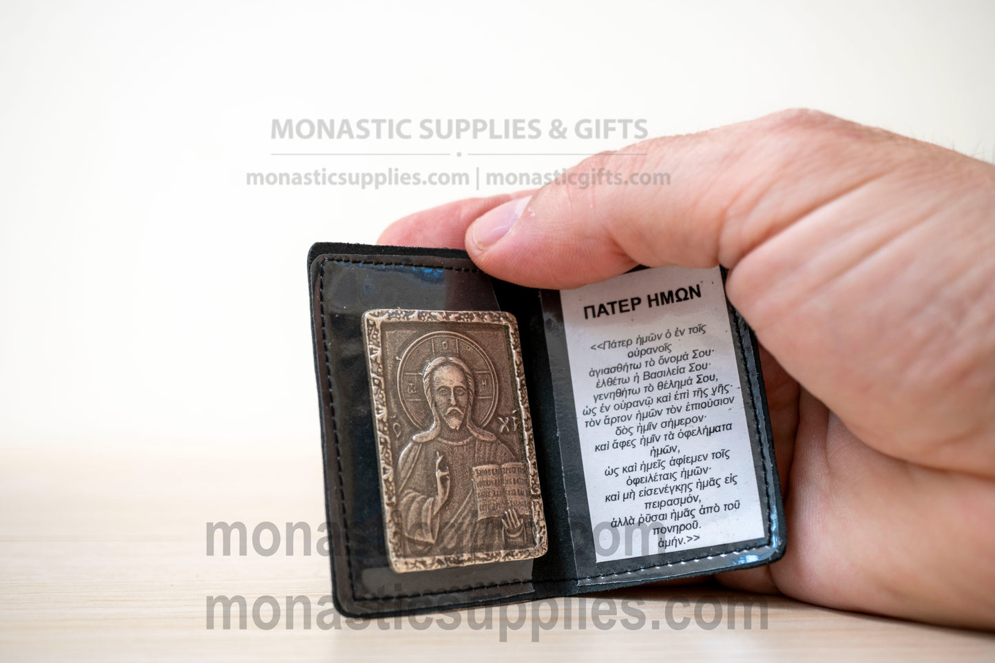 Handcrafted Leather Pocket Diptych – Christ Pantocrator & The Lord's Prayer (Greek Text)