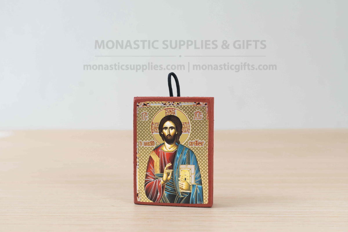 Jesus Christ Pantocrator miniature handcrafted Byzantine wooden icon with chrysokondylia gold and silver details 4.2 x 5 cm (1.65 x 1.96 in) made in Greece