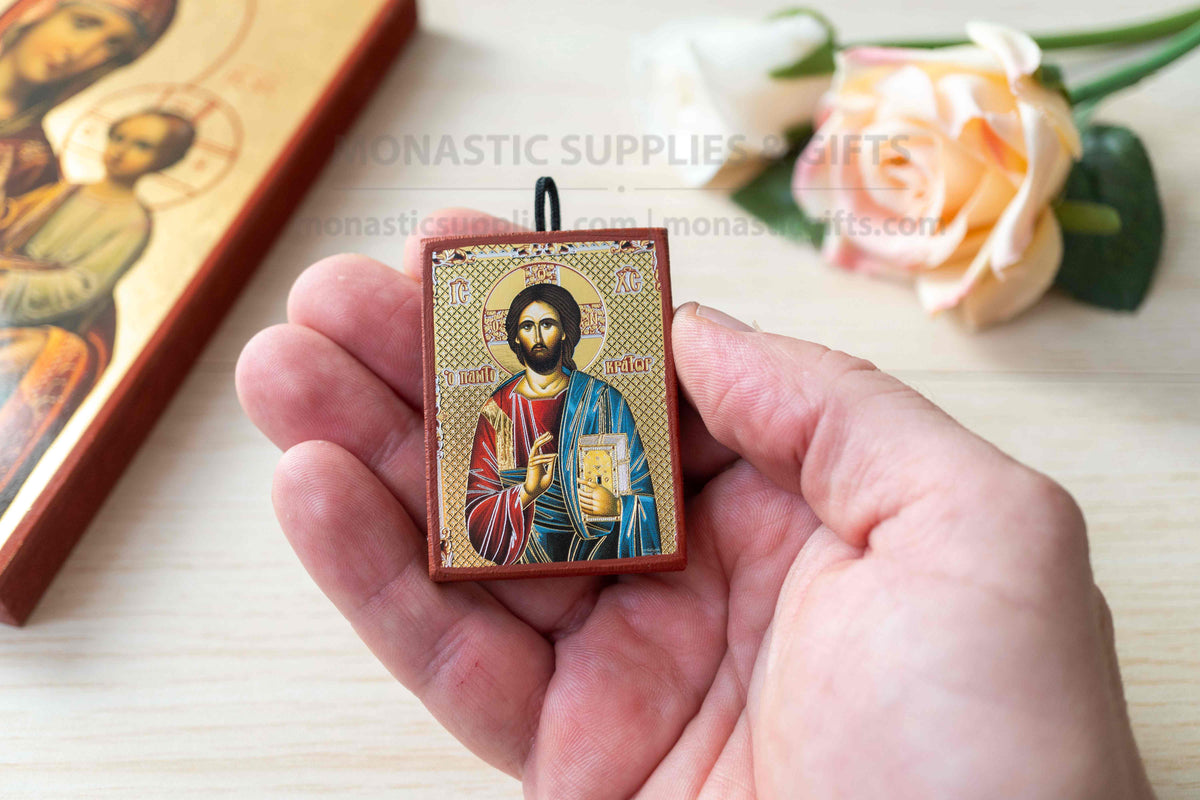 Jesus Christ Pantocrator miniature handcrafted Byzantine wooden icon with chrysokondylia gold and silver details 4.2 x 5 cm (1.65 x 1.96 in) made in Greece