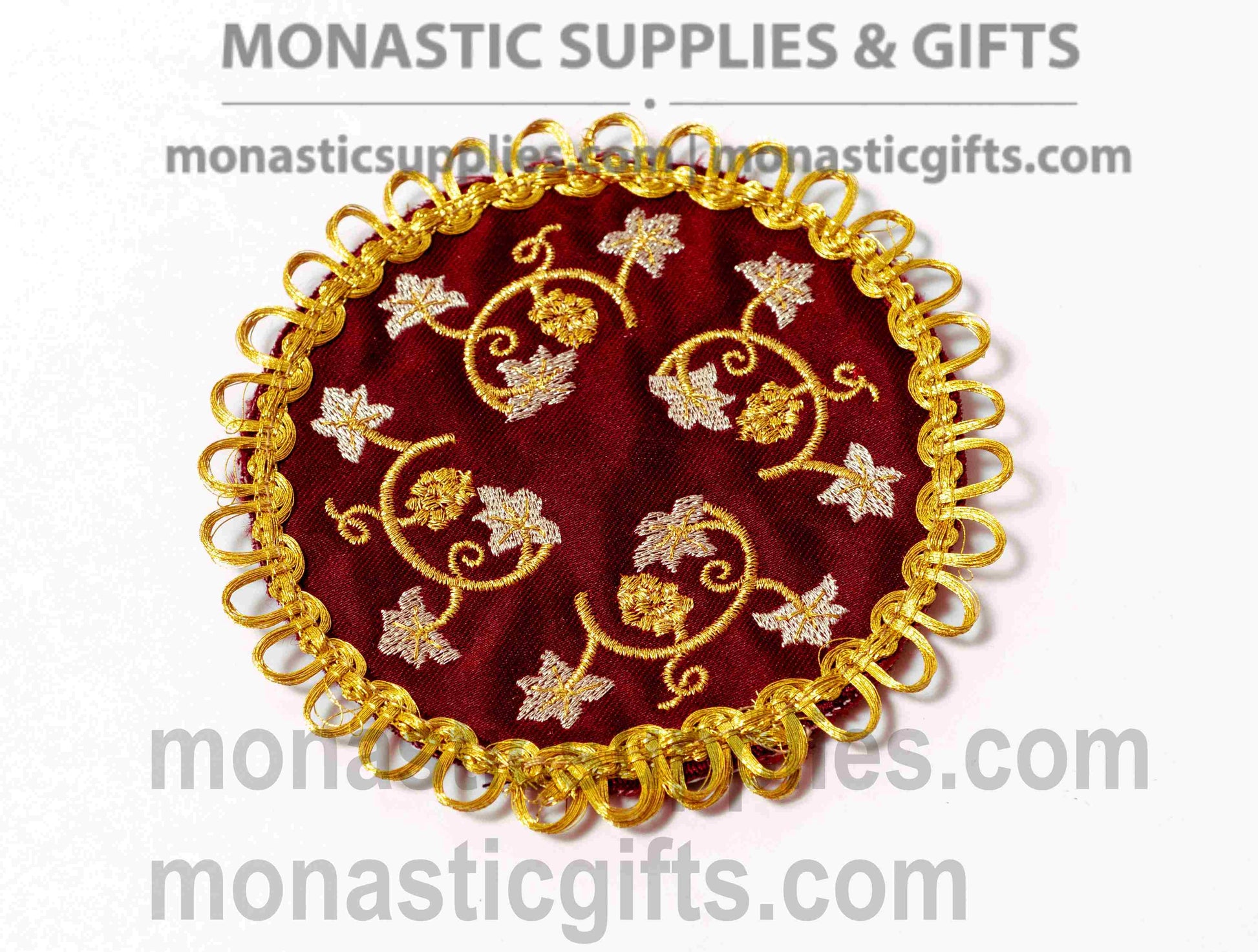 Handcrafted round burgundy brocade fabric coasters with gold floral embroidery and looped fringe 11 cm (4.33 in) set of 4 made in Greece