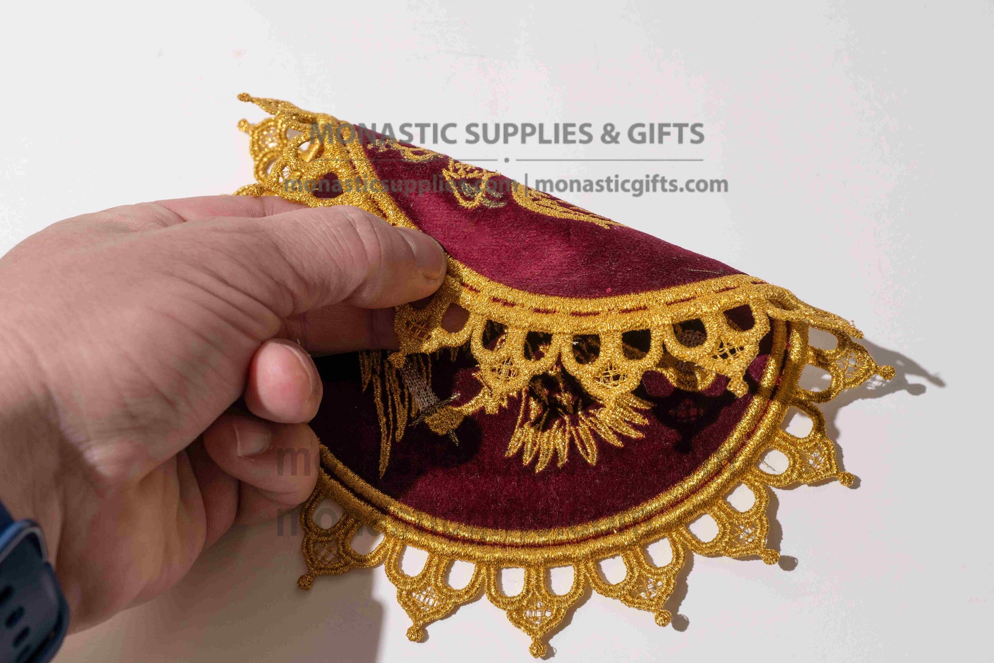 Handcrafted round burgundy velvet altar mat ripidion with gold embroidered Byzantine double-headed eagle 16 cm (6.29 in) made in Greece (1 piece)