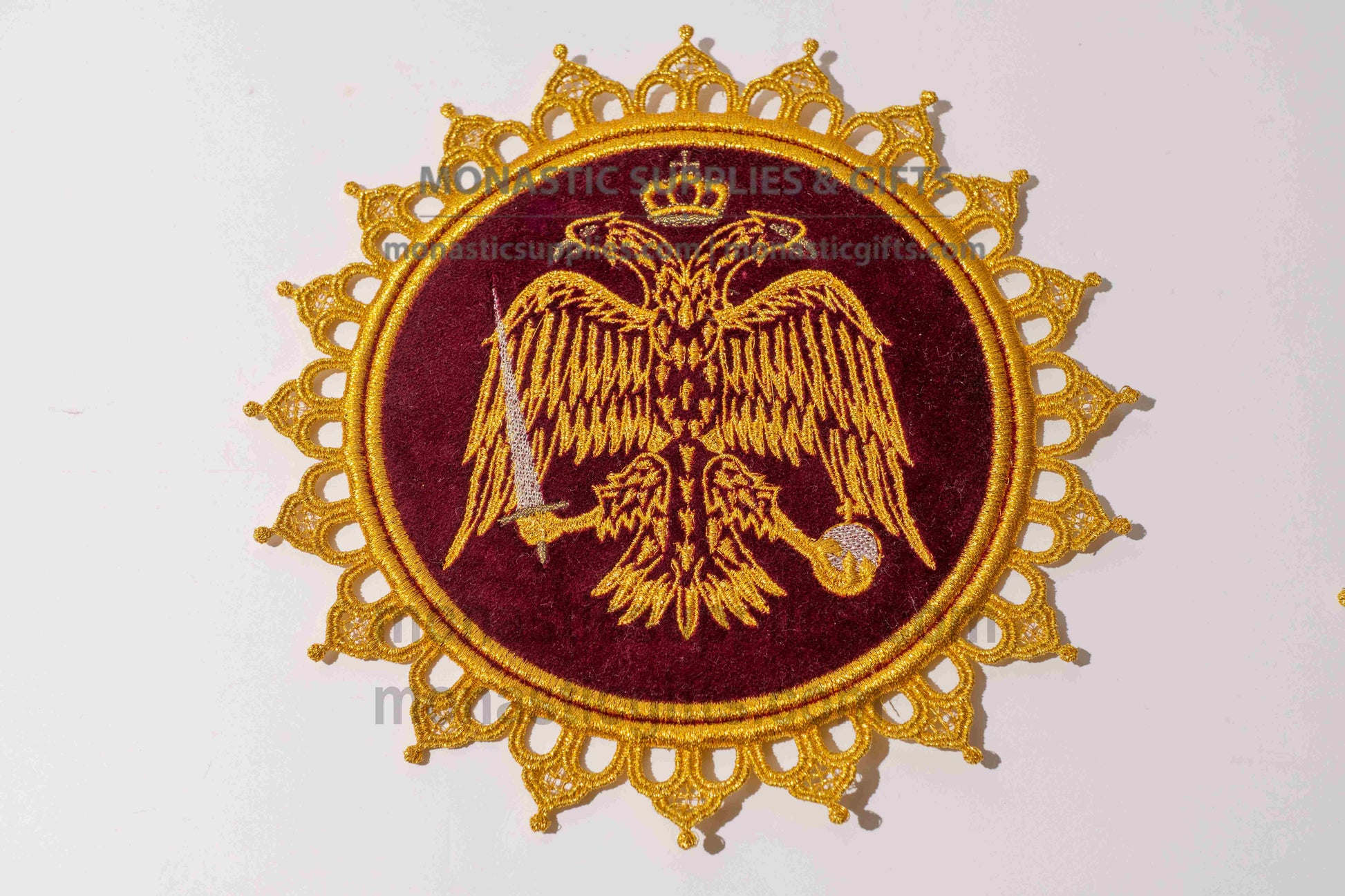 Handcrafted round burgundy velvet altar mat ripidion with gold embroidered Byzantine double-headed eagle 16 cm (6.29 in) made in Greece (1 piece)