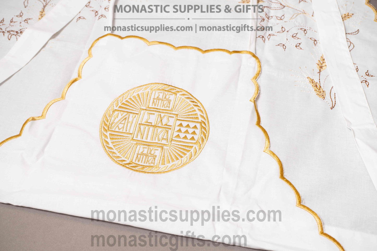 Handcrafted white cotton kitchen apron with gold embroidered prosphoron seal and wheat sheaves made in Greece