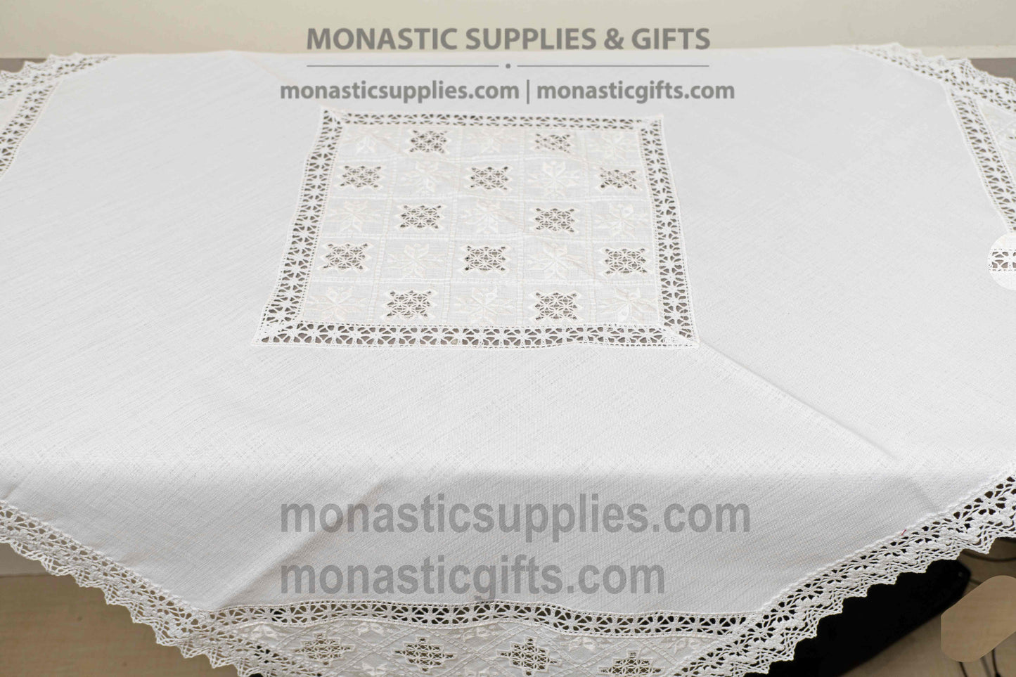 Round Burgundy Brocade CoasterRound Linen Artoklasia Basket Cover Cloth with Embroidered Crosses & Lace Trim - 90 cm (35.43 in) - 1 Pieces with Gold Embroidery & Looped Fringe - 11 cm (4.33 in) - Set of 4 (Copy)