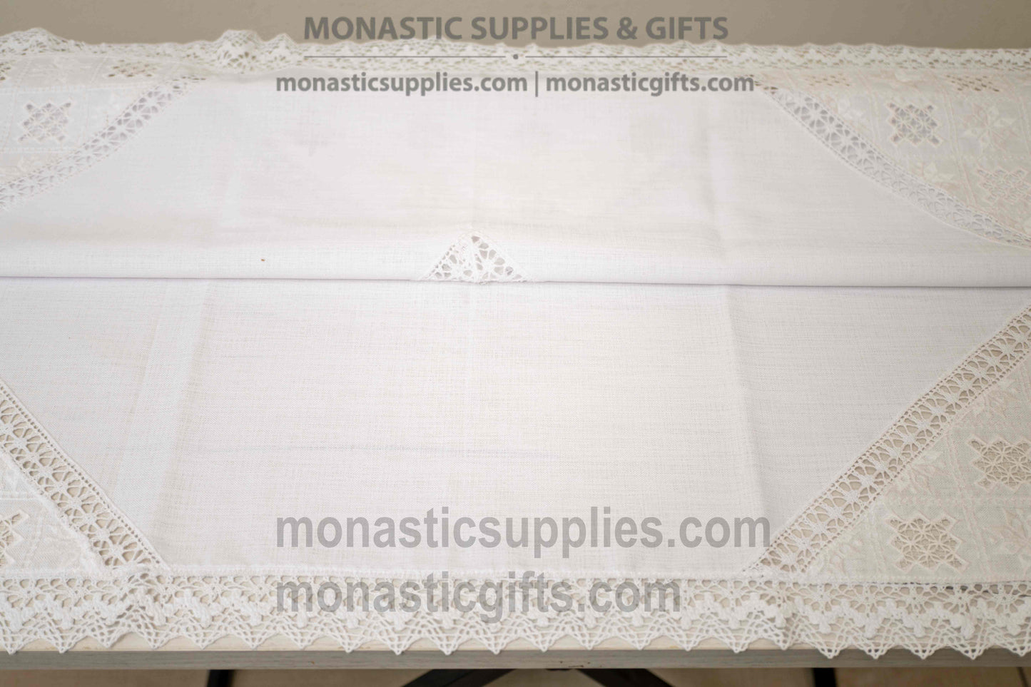 Handcrafted square linen Artoklasia basket cover cloth with embroidered crosses and traditional lace trim 90x90 cm (35.43x35.43 in) made in Greece (1 piece)