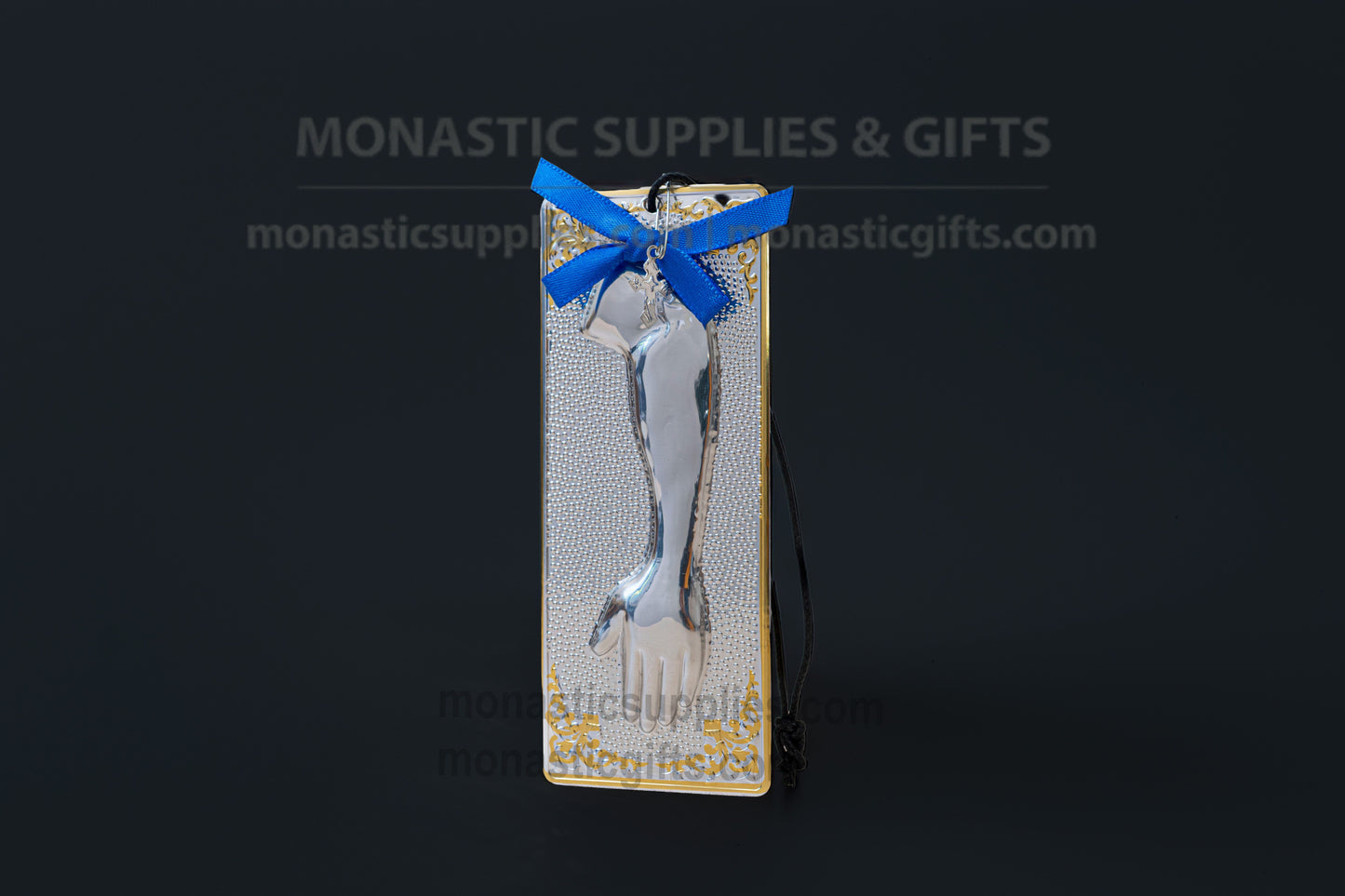 Authentic Greek Orthodox arm tamata ex-voto plaque with painted gold corners ribbon and cross measuring 6cm (2.3in) width and 8.5cm (3.34in) length.