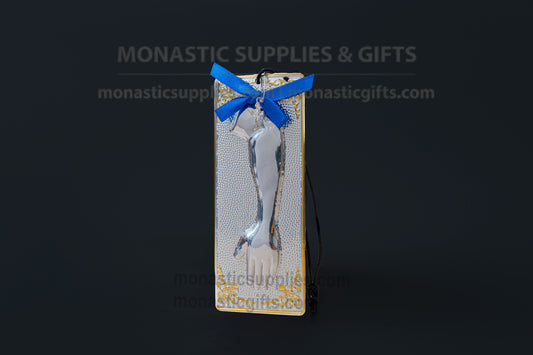 Authentic Greek Orthodox arm tamata ex-voto plaque with painted gold corners ribbon and cross measuring 6cm (2.3in) width and 8.5cm (3.34in) length.