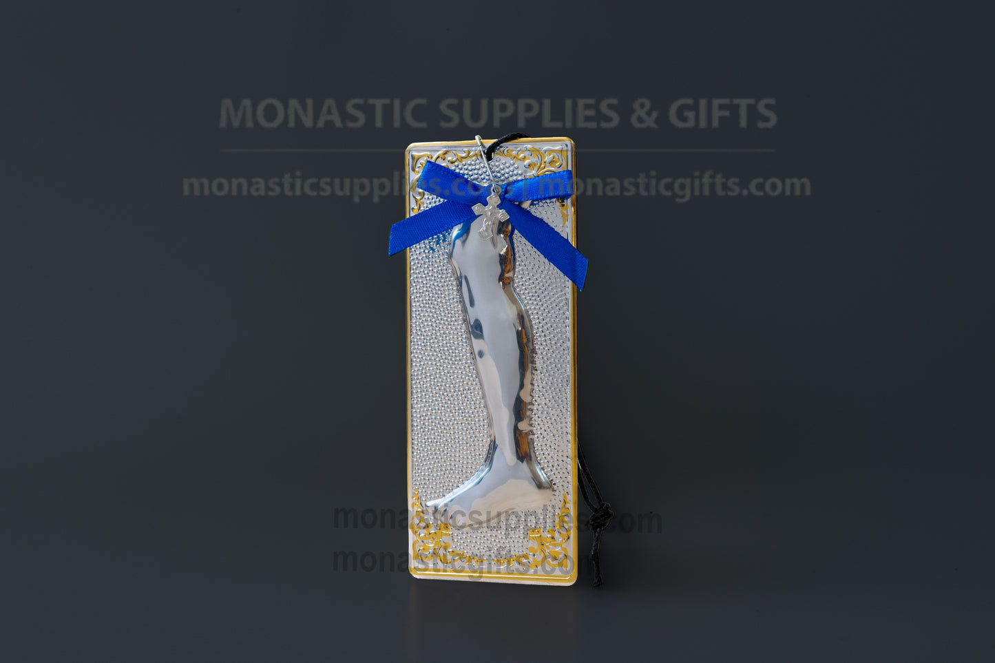 Authentic Greek Orthodox leg tamata ex-voto plaque with painted gold corners ribbon and cross measuring 4.5cm (1.77in) width and 12cm (4.72in) length.