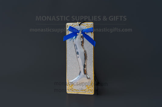 Authentic Greek Orthodox leg tamata ex-voto plaque with painted gold corners ribbon and cross measuring 4.5cm (1.77in) width and 12cm (4.72in) length.