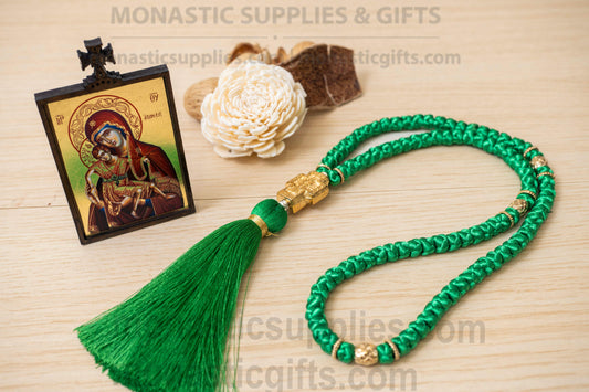 Handcrafted green silk Orthodox prayer rope komboskini 100 knots with gold-plated Virgin Mary cross measuring 45cm (17.7in) loop length.