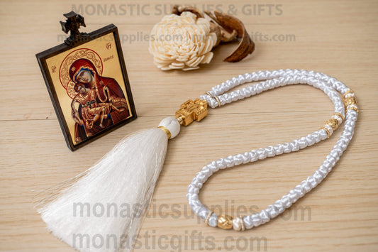 Handcrafted white silk Orthodox prayer rope komboskini 100 knots with gold-plated Virgin Mary cross measuring 45cm (17.7in) loop length.