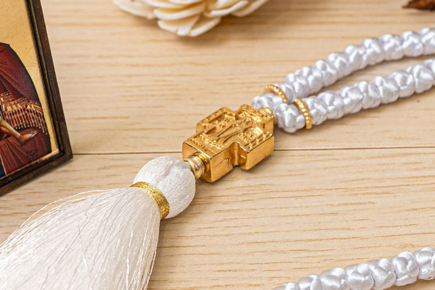 Handcrafted white silk Orthodox prayer rope komboskini 100 knots with gold-plated Virgin Mary cross measuring 45cm (17.7in) loop length.