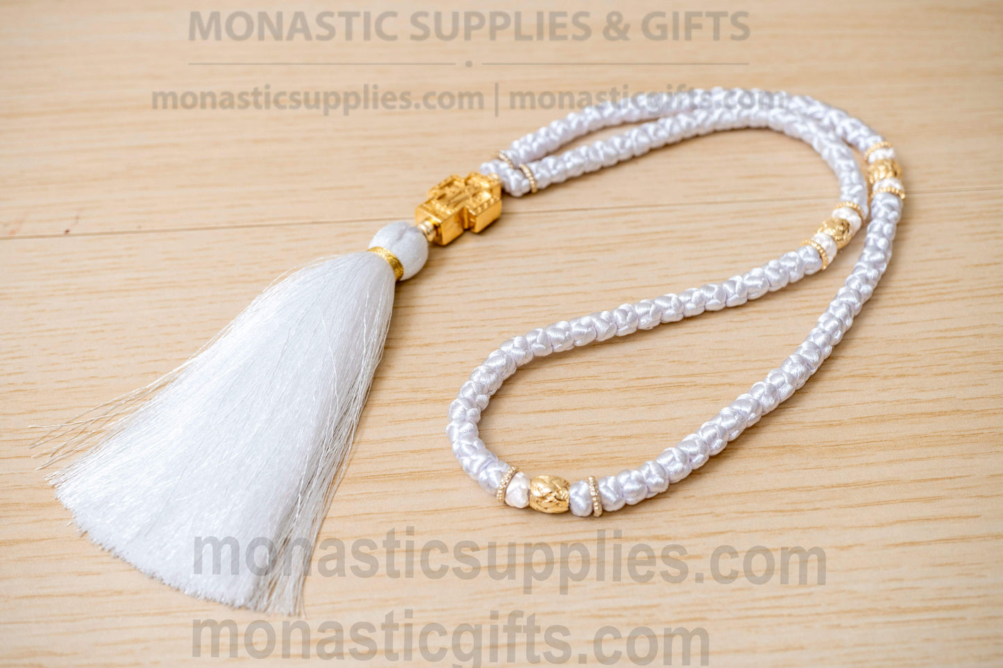 Handcrafted White Silk Orthodox Prayer Rope 100 Knots with Gold Plated Virgin Mary Cross & Beads (45cm - 17.7in)
