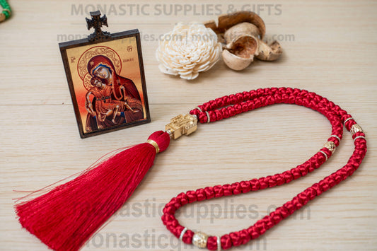Handcrafted red silk Orthodox prayer rope komboskini 100 knots with gold-plated Virgin Mary cross measuring 45cm (17.7in) loop length.