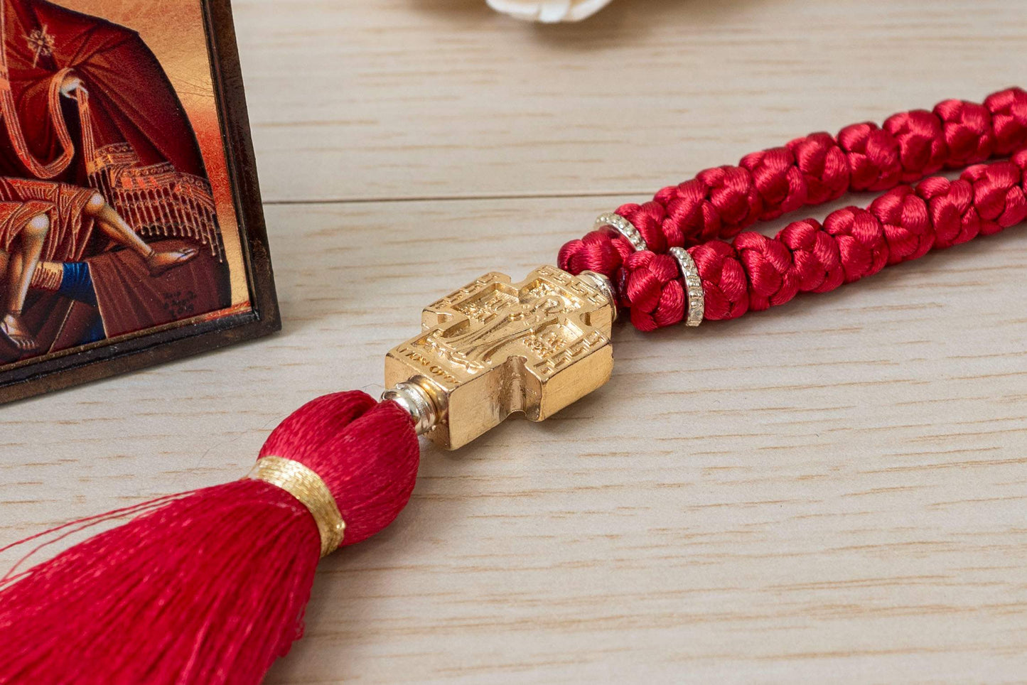 Handcrafted red silk Orthodox prayer rope komboskini 100 knots with gold-plated Virgin Mary cross measuring 45cm (17.7in) loop length.